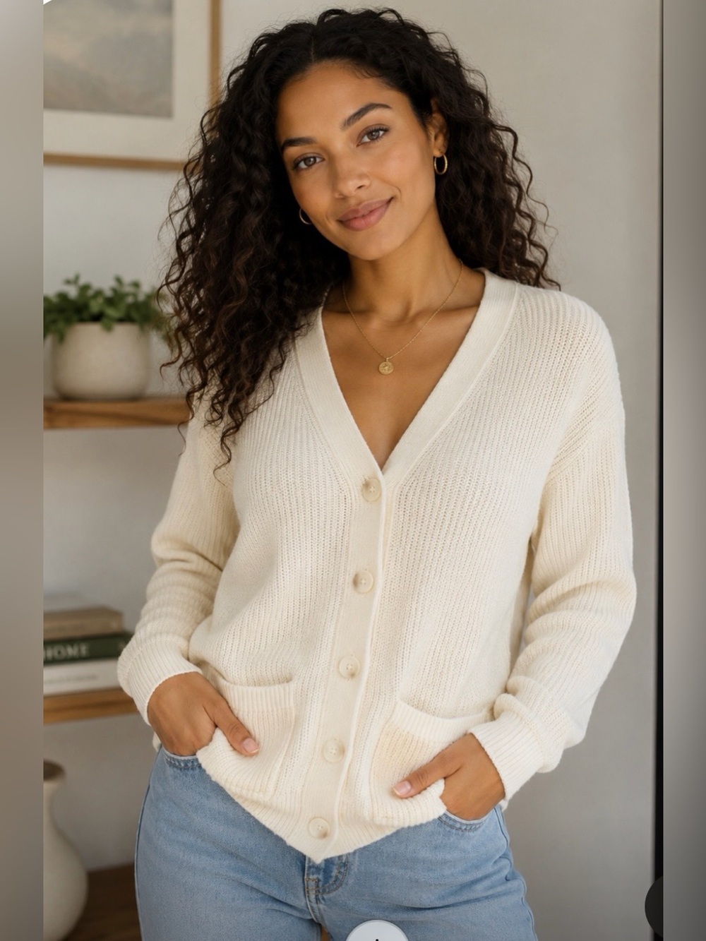 LOFT Cream Button-Up V-Neck Cardigan Sweater
